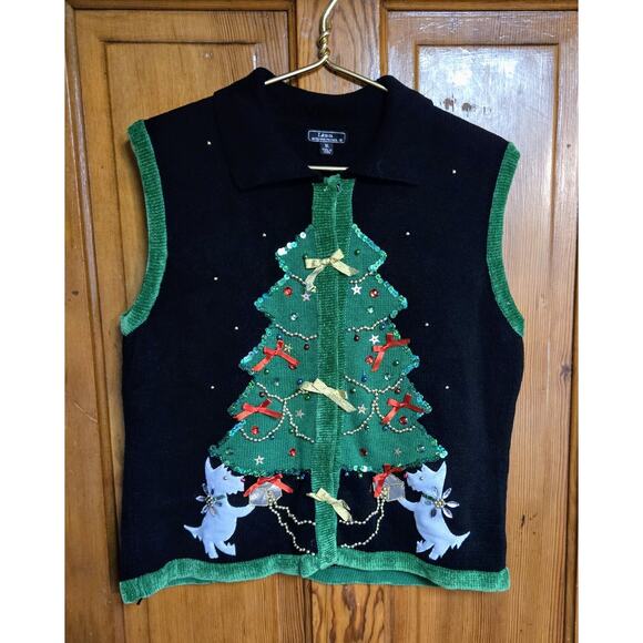 Vintage Lisa International Holiday Christmas Sweater Cardigan Sequin Bows XL - Picture 2 of 10